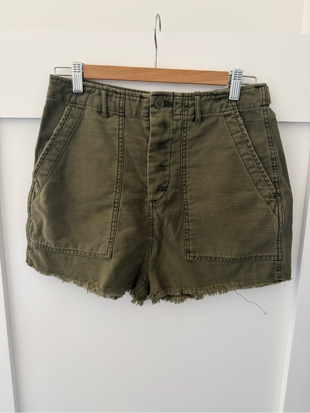 BDG Olive High-Rise Frayed Hem Utility Shorts